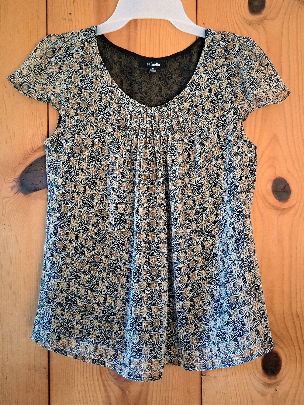 Rafaella Sheer Black and Brown Patterned Cap Sleeve Pleated Top